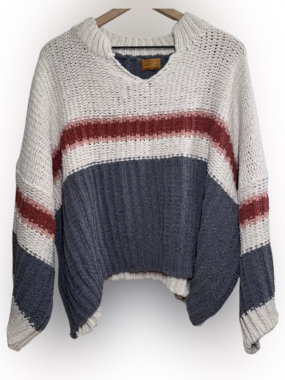 POL SMALL Colorblock Chunky Knit Cropped Sweater Boho Slouchy Relaxed Oversized